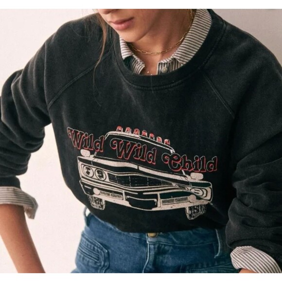 Sezane Sweatshirt Womens Medium Black Wild Wild Child Graphic Crewneck Pullover - Picture 2 of 10